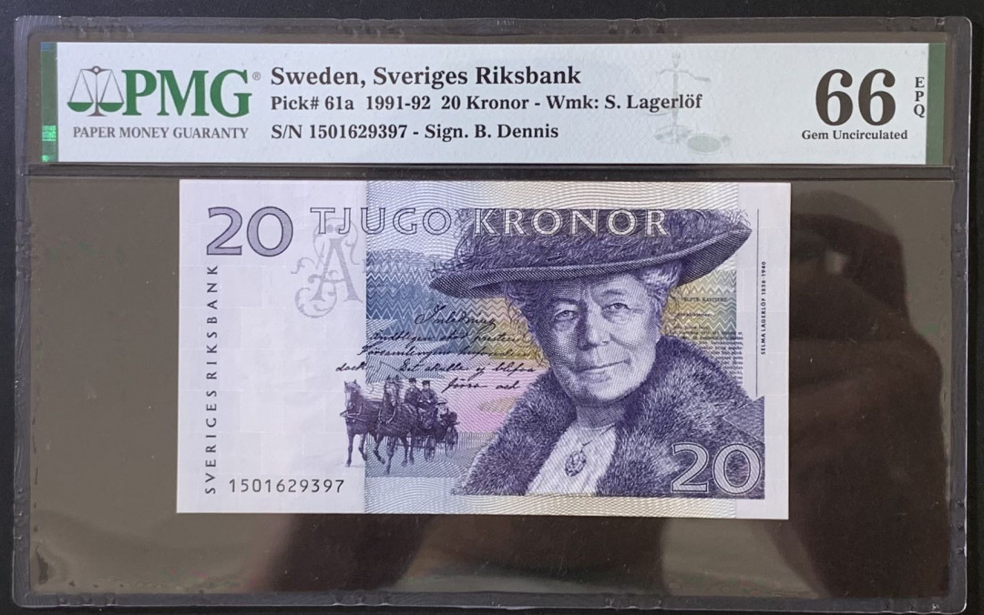 紫瑗钱币——微拍第112期—纸币场 瑞典 1991-92年 骑鹅旅行记 初版 20克朗 PMG 66 EPQ （P-61a)