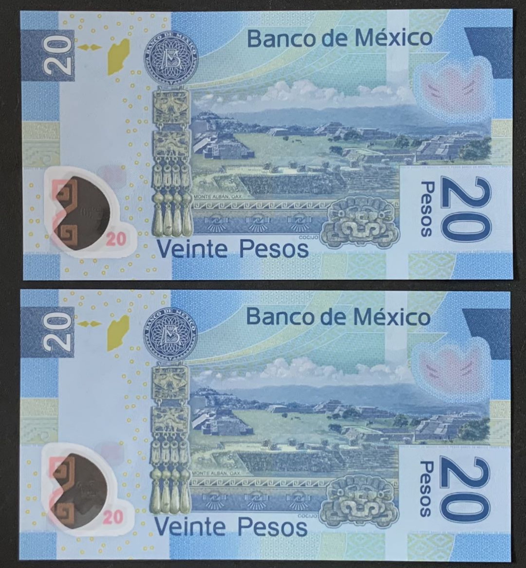 紫瑗钱币——微拍第112期—纸币场 墨西哥 2016年  20比索 塑料币 2枚一组 AA系列A冠 首发 UNC