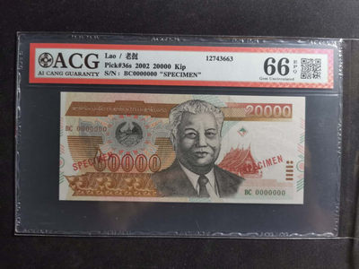 【鲸贝乐淘·两周年】千字文·第“丙舍傍启，甲帐对楹”号拍卖 【老挝🇱🇦 票样样币】2002年20000基普，爱藏66E