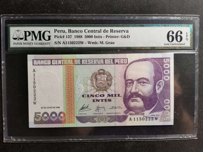 【鲸贝乐淘·两周年】千字文·第“丙舍傍启，甲帐对楹”号拍卖 【秘鲁】1988年5000元，A冠222豹子号，PMG66E 