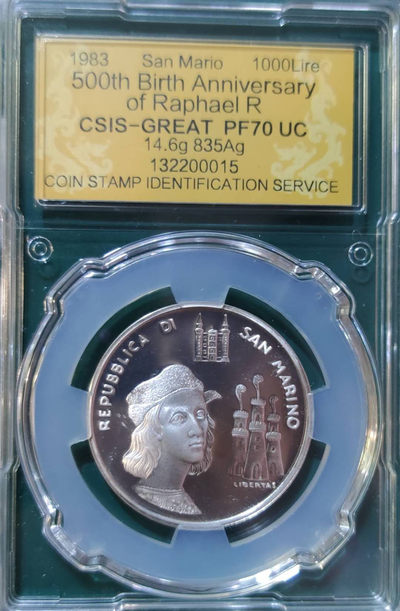 燕姐换藏第四十场 1983年圣马力诺画家拉斐尔1000里拉精制银币