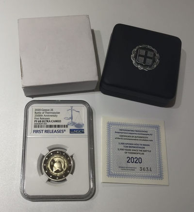 【随心拍&Getcoins】钱币拍卖第七十一期 2020年 希腊 2欧元精制纪念币温泉关战役 斯巴达NGC68 首期蓝标