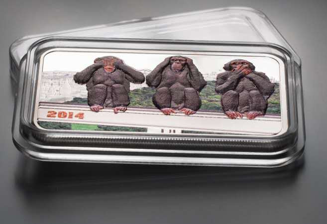 【币观天下】第125场钱币拍卖～ 坦桑尼亚2014年三只灵猴方形彩色银币 