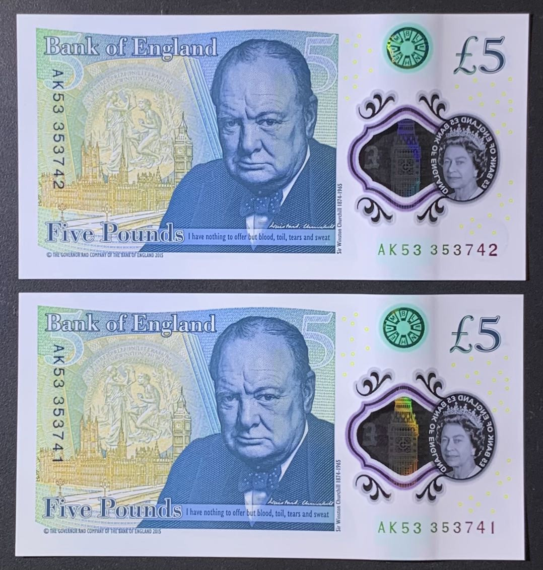 紫瑗钱币——微拍第114期—纸币场 英国 2015年 丘吉尔 5英镑 塑料钞 UNC 2枚一组 