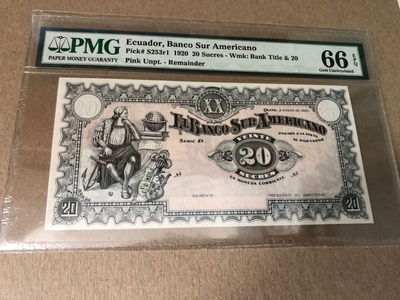 【Blue Auction】世界纸币精拍第30期(共57拍） - 【冠军分】厄瓜多尔1920年20苏克雷  PMG66EPQ 