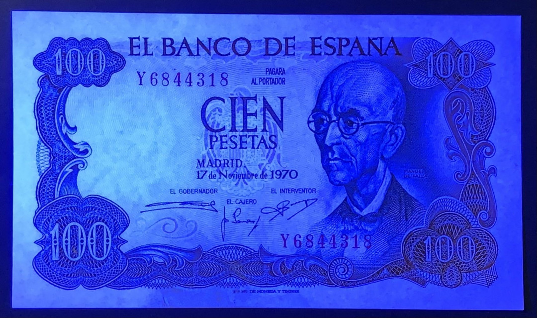 紫瑗钱币——微拍第114期—纸币场 西班牙 1970（1974）年 曼努埃尔·德法拉 100比塞塔  UNC（P-152a）