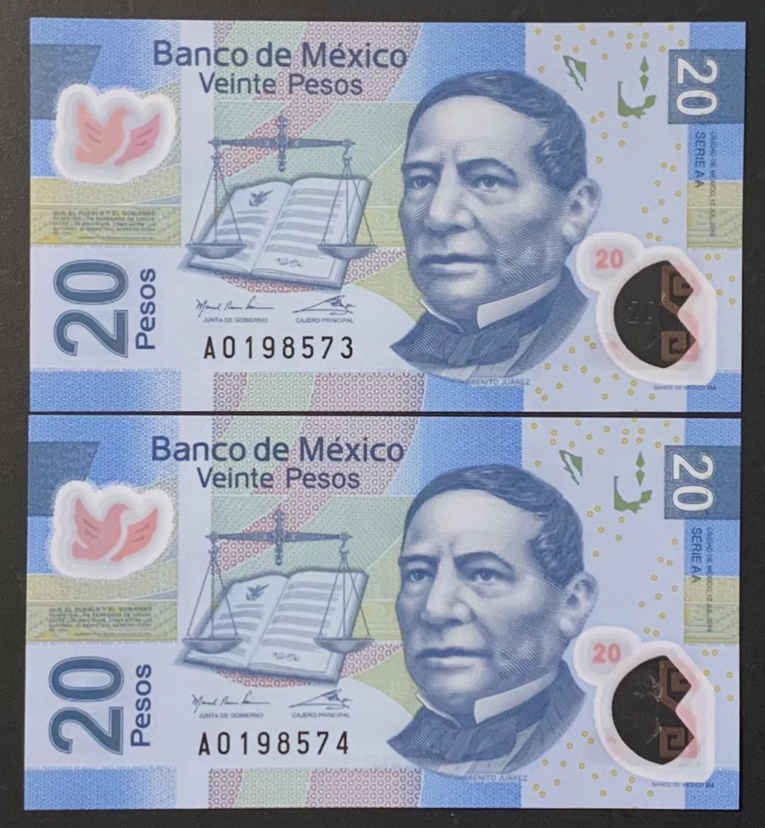 紫瑗钱币——微拍第114期—纸币场 墨西哥 2016年  20比索 塑料币 2枚一组 AA系列A冠 首发 UNC