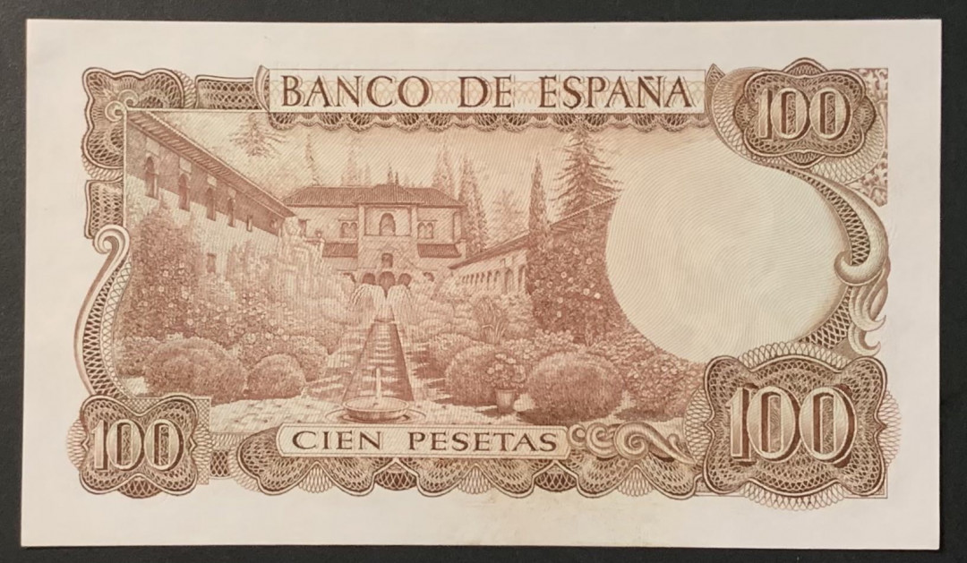 紫瑗钱币——微拍第114期—纸币场 西班牙 1970（1974）年 曼努埃尔·德法拉 100比塞塔  UNC（P-152a）