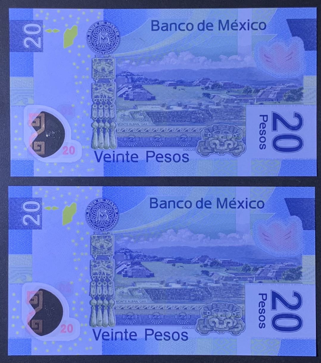 紫瑗钱币——微拍第114期—纸币场 墨西哥 2016年  20比索 塑料币 2枚一组 AA系列A冠 首发 UNC