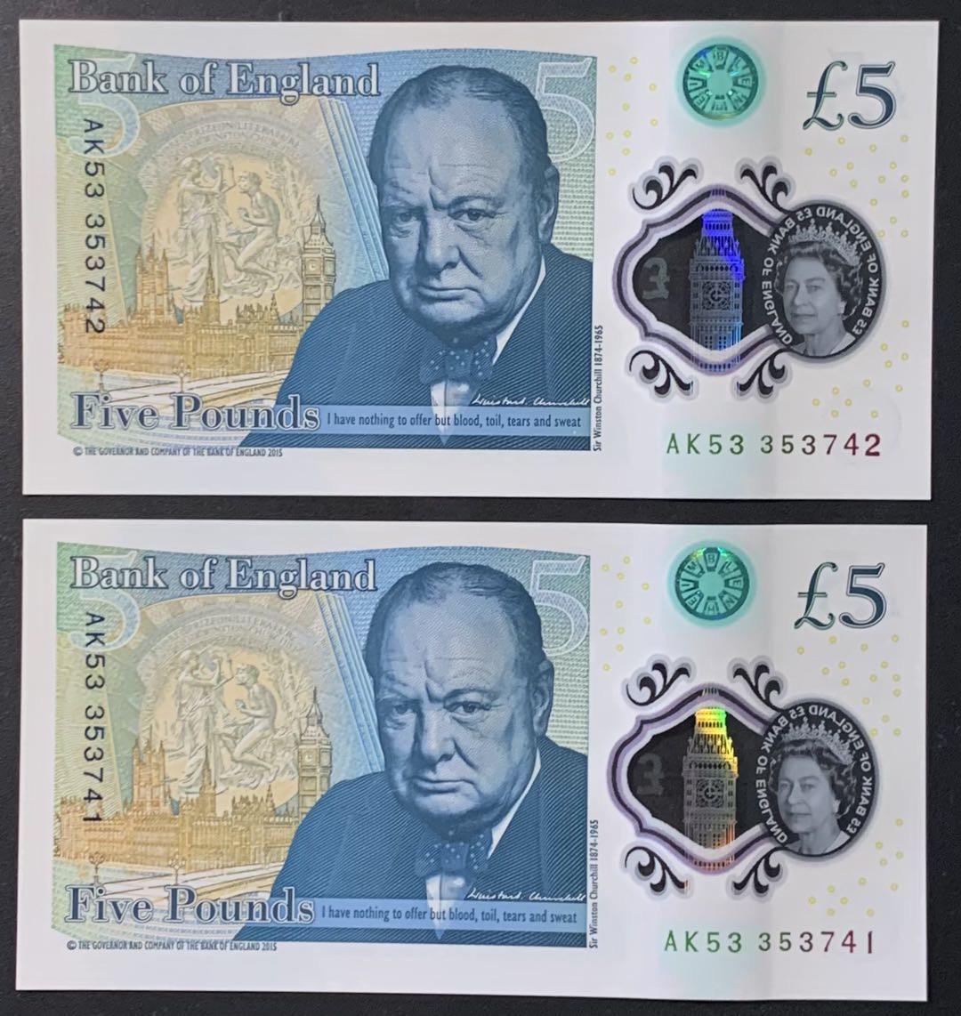 紫瑗钱币——微拍第114期—纸币场 英国 2015年 丘吉尔 5英镑 塑料钞 UNC 2枚一组 