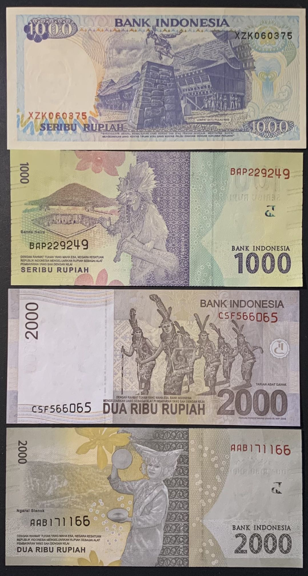 紫瑗钱币——微拍第114期—纸币场 印度尼西亚 各种版别 1000 2000卢比 4枚一组 UNC