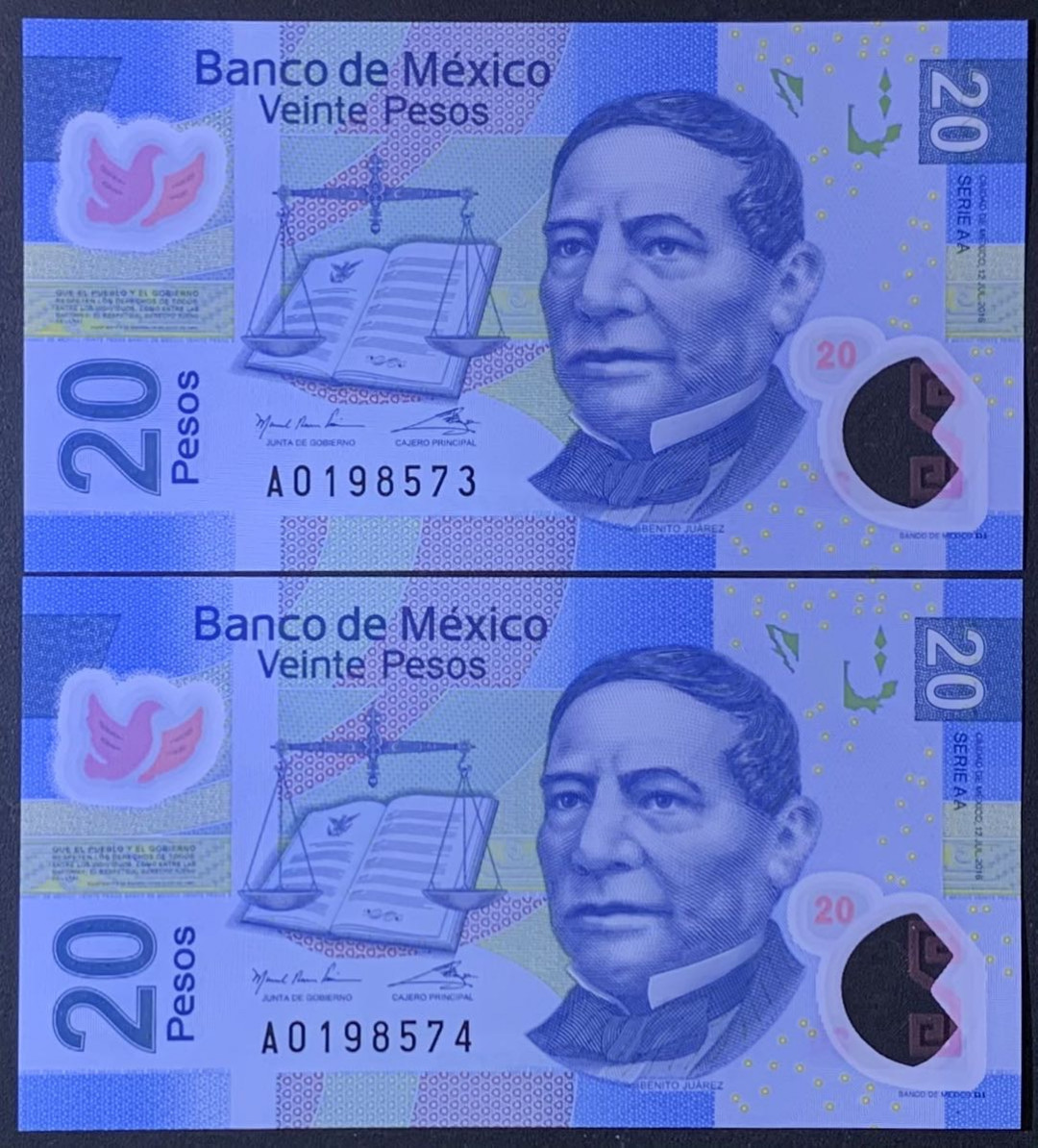 紫瑗钱币——微拍第114期—纸币场 墨西哥 2016年  20比索 塑料币 2枚一组 AA系列A冠 首发 UNC