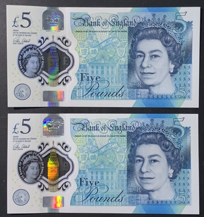 紫瑗钱币——微拍第114期—纸币场 - 英国 2015年 丘吉尔 5英镑 塑料钞 UNC 2枚一组 