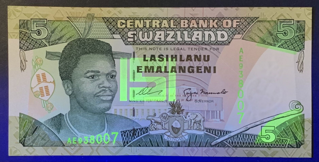 紫瑗钱币——微拍第114期—纸币场 斯威士兰 1995年 姆斯瓦蒂三世 5埃马兰吉尼 （P-23a)