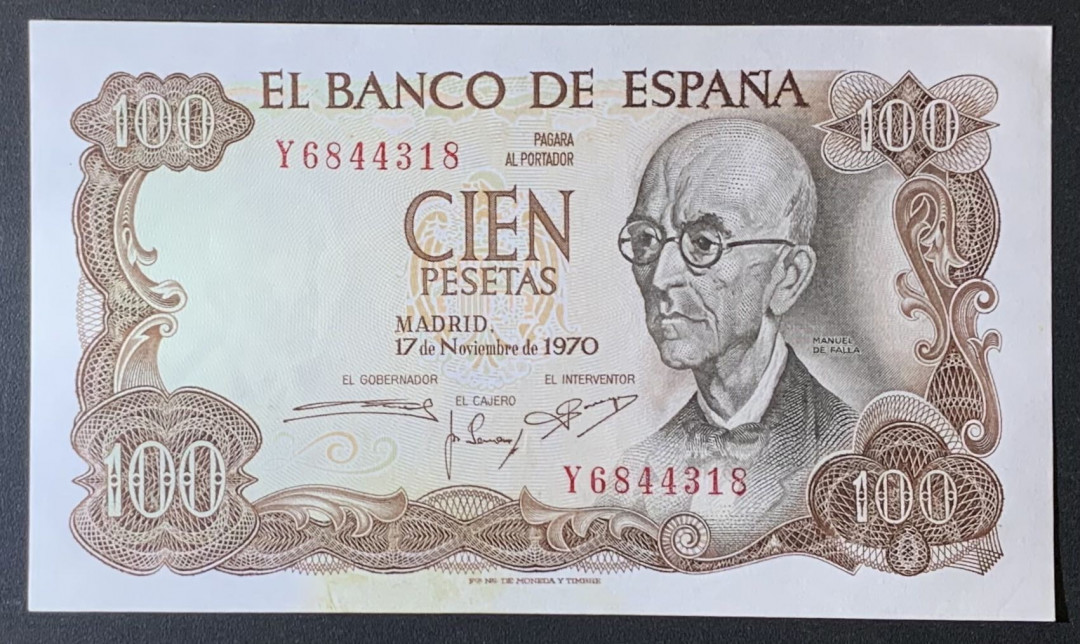 紫瑗钱币——微拍第114期—纸币场 西班牙 1970（1974）年 曼努埃尔·德法拉 100比塞塔  UNC（P-152a）