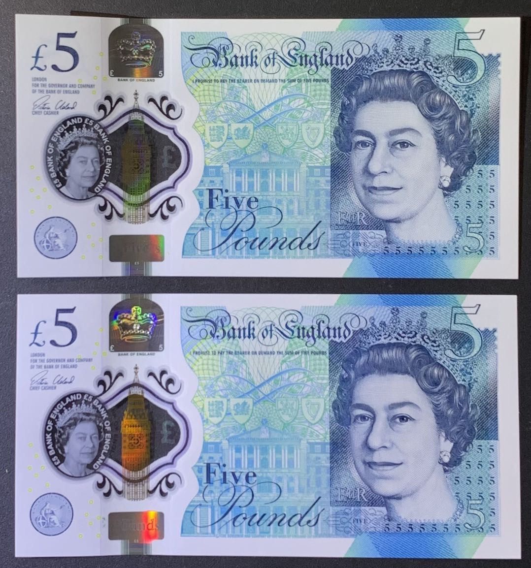 紫瑗钱币——微拍第114期—纸币场 英国 2015年 丘吉尔 5英镑 塑料钞 UNC 2枚一组 