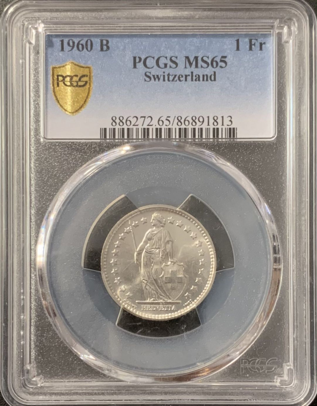 紫瑗钱币——微拍第115期 瑞士 1960年B 赫尔维蒂女神 1法郎 PCGS MS65