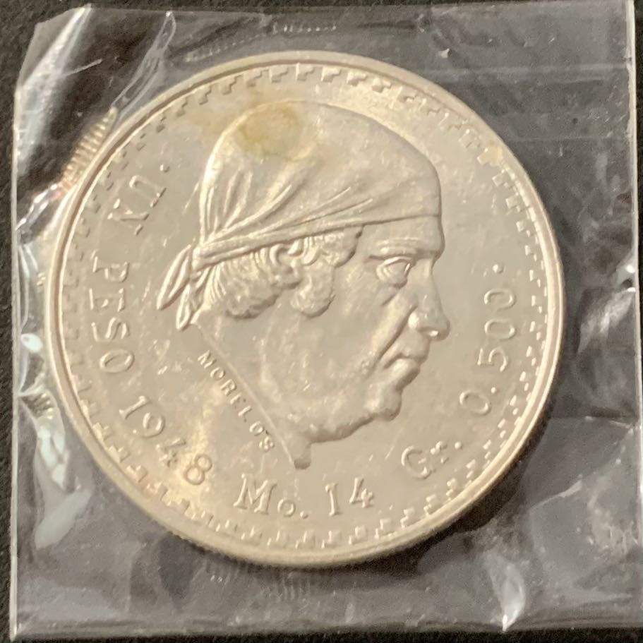 紫瑗钱币——微拍第115期 墨西哥 1948年 胡安 阿尔瓦雷斯 1比索 14克 0.5银 UNC