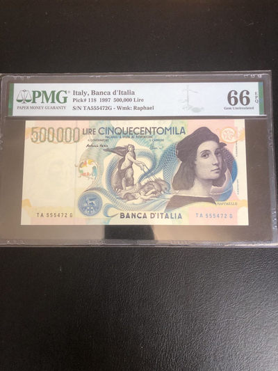 【Blue Auction】世界纸币精拍第31期——印象经典(共60拍） - 意大利 1997年50万里拉 拉斐尔 经典 PMG66EPQ 