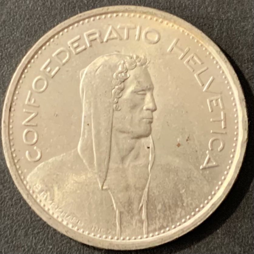 紫瑗钱币——微拍第115期 瑞士 1967年 威廉·退尔 5法郎 15克 0.835银 UNC