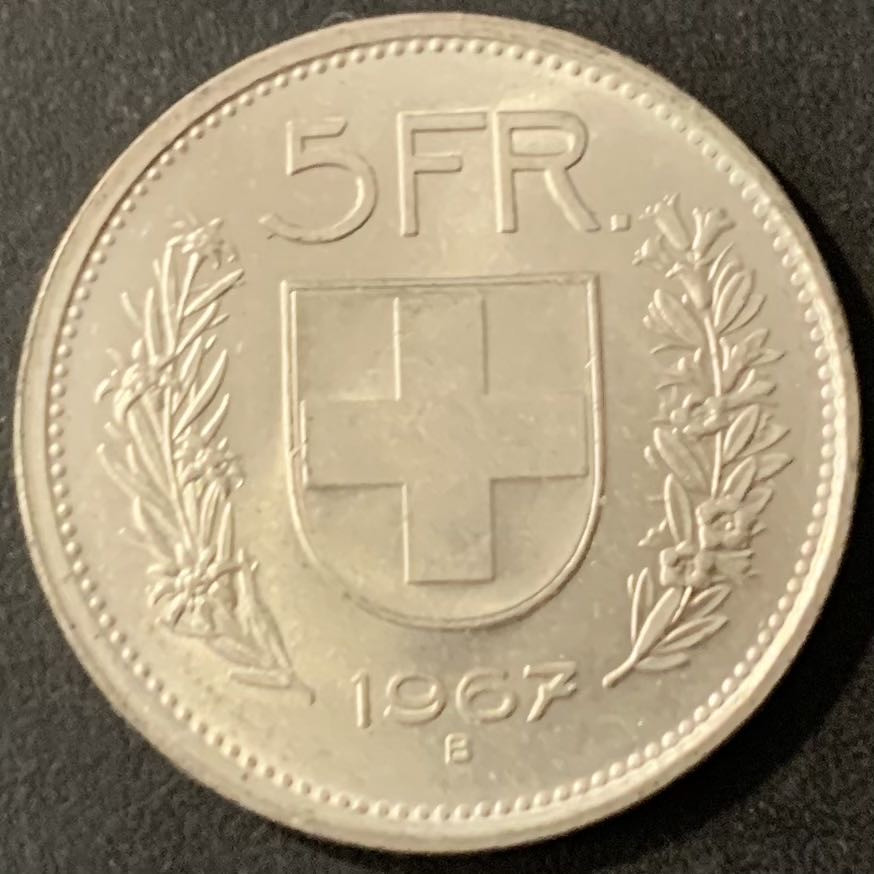 紫瑗钱币——微拍第115期 瑞士 1967年 威廉·退尔 5法郎 15克 0.835银 UNC