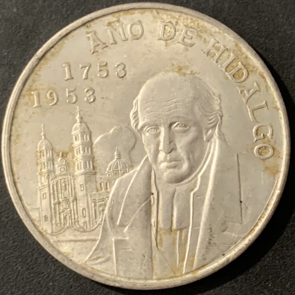 紫瑗钱币—微拍第119期  墨西哥 1953年 伊达尔戈 200周年 5比索 27.8克 0.72银