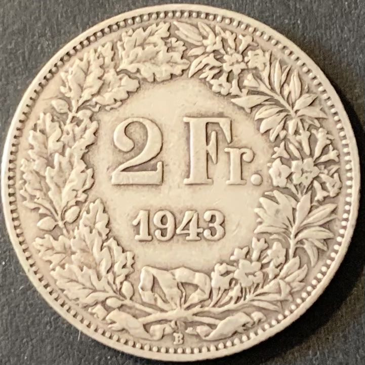 紫瑗钱币—微拍第119期  瑞士 1943年 赫尔维蒂女神 2法郎 10克 0.835银