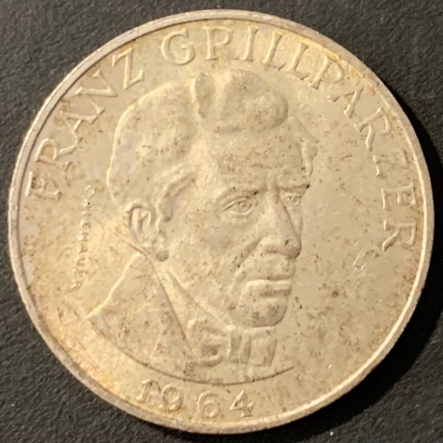 紫瑗钱币—微拍第129期  奥地利 1964年 剧作家  格里尔帕策 25先令 13克 0.8银 