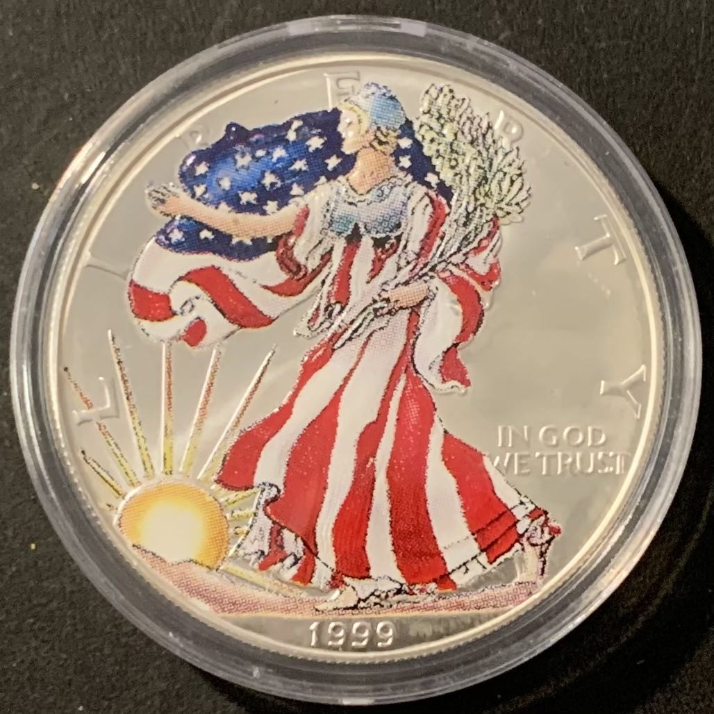 紫瑗钱币——微拍第115期 美国 1999年 行走女神 1盎司 1美元 31.1克 0.999银 彩色银币