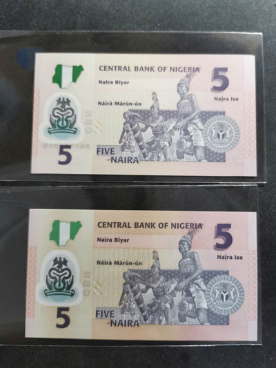 【鲸贝乐淘】千字文·第“肆筵设席，鼓瑟吹笙”号拍卖 【尼日利亚】5奈拉塑料钞两张，全新全品UNC ，其中一张流水号打模糊，穿透背面错版，一角有小缺