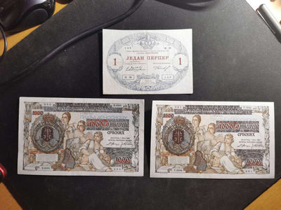 【鲸贝乐淘】千字文·第“肆筵设席，鼓瑟吹笙”号拍卖 【黑山·南斯拉夫】黑山初版1第纳尔，南斯拉夫1000第纳尔2张，流通美品