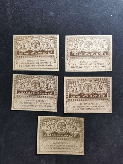 【鲸贝乐淘】千字文·第“肆筵设席，鼓瑟吹笙”号拍卖 【沙俄】1917年20卢布，5张，百年老票，全新全品UNC 