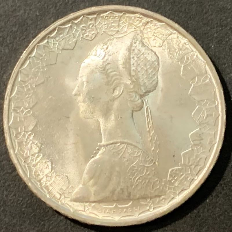 紫瑗钱币—微拍第119期  意大利 1966年 少女与帆船 500里拉 11克 0.835银 UNC