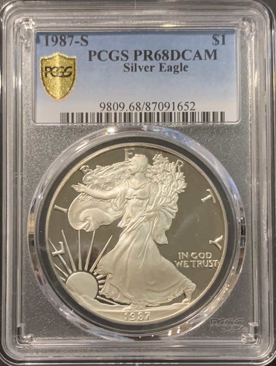 紫瑗钱币——微拍第115期 美国 1987年 S版 行走投资银币 1美元  1盎司纯银 31.1克 0.999银 PCGS PR68 DCAM