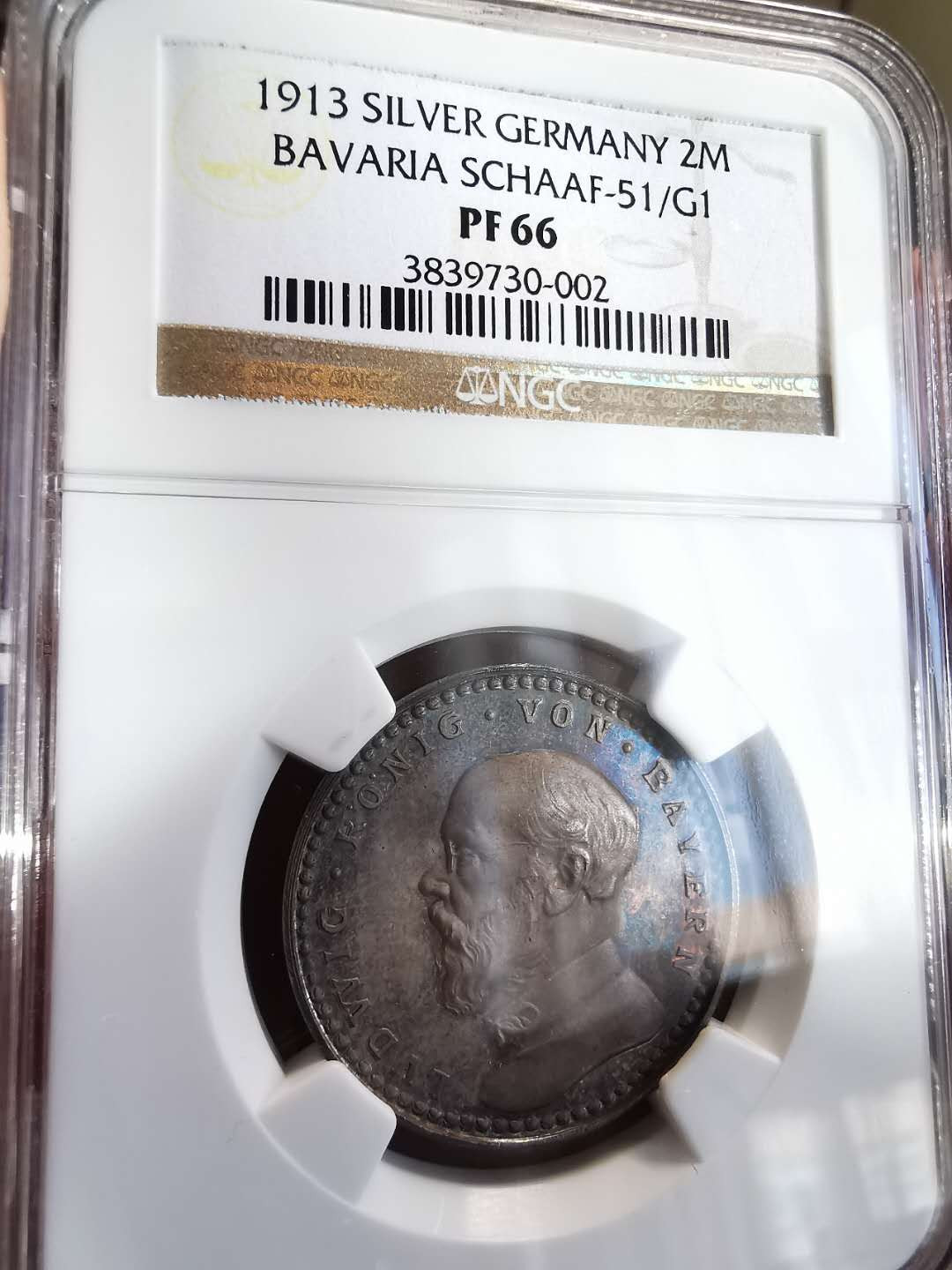 凡希社世界钱币微拍第一百三十六期 罕！1913巴伐利亚2马克精铸银样NGC-PF66五彩顶级品！