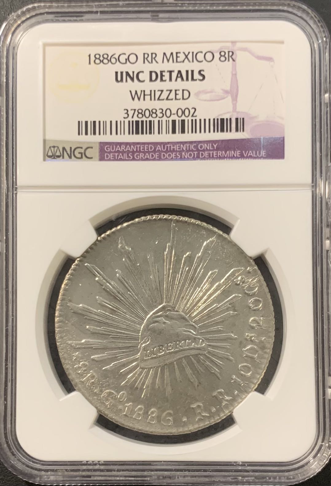 紫瑗钱币——微拍第115期 墨西哥 1886年 GO RR 8里亚尔 花边鹰洋 NGC UNC Detail