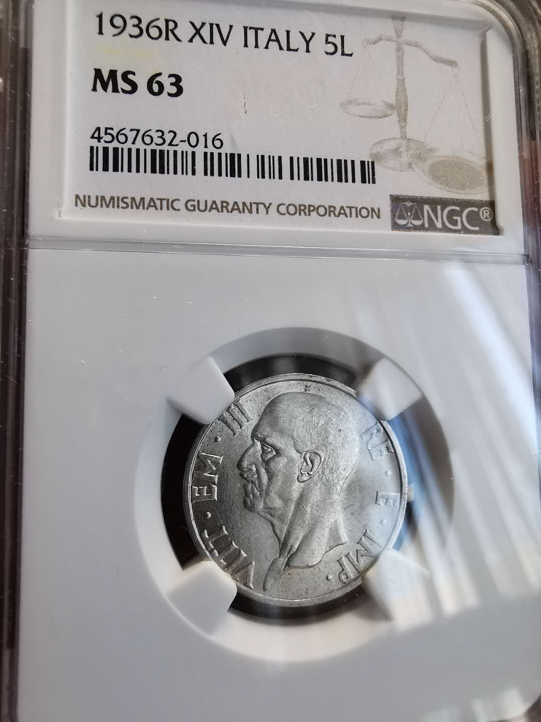 凡希社世界钱币微拍第一百三十六期 1936意大利法西斯系列母与子5里拉NGC-MS63