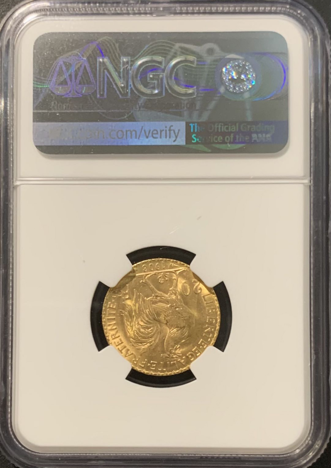 紫瑗钱币——微拍第115期 法国 1908年 玛丽安娜 20法郎 6.45克 0.9金 NGC MS64