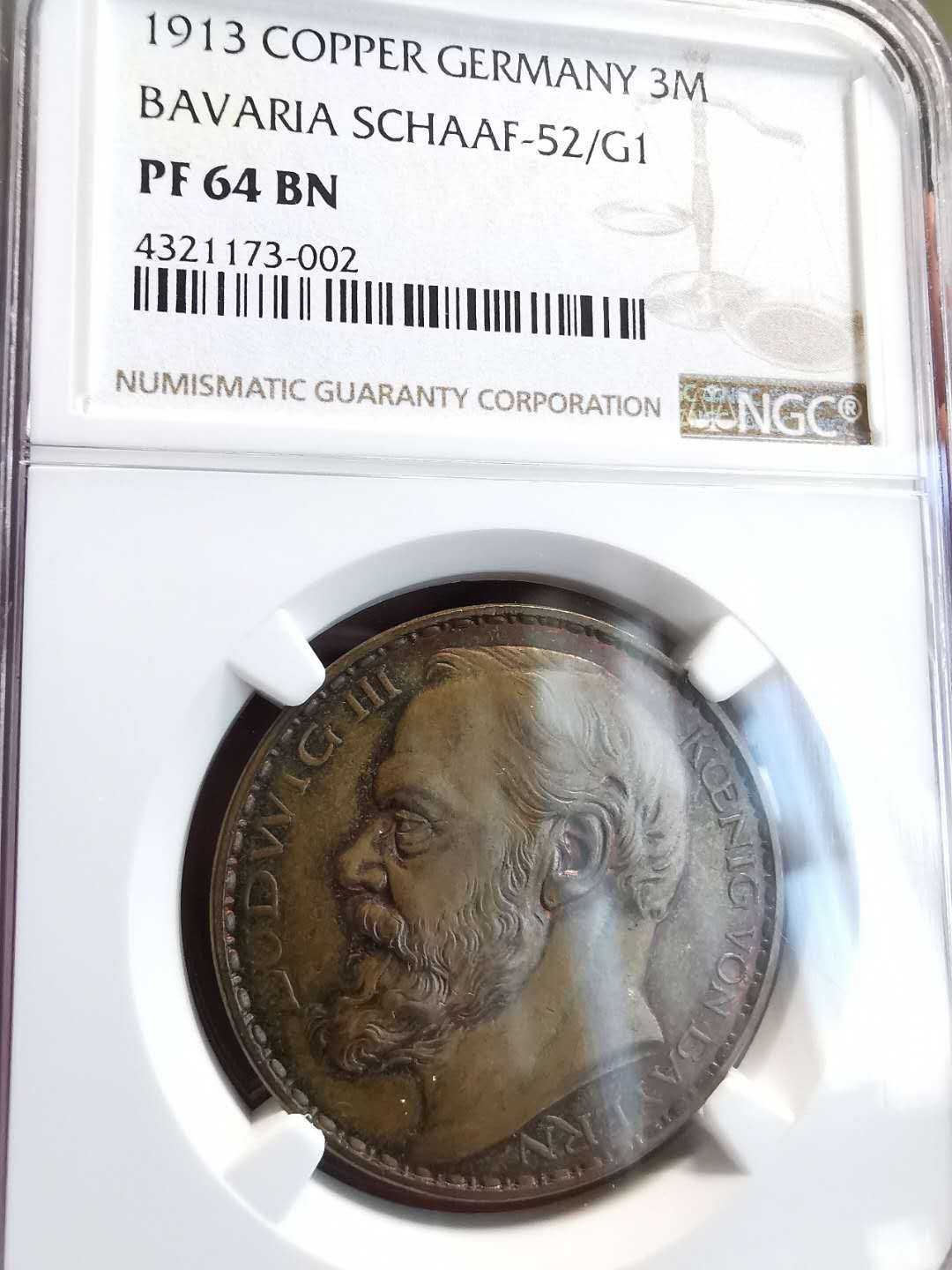 凡希社世界钱币微拍第一百三十六期 荐！1913巴伐利亚3马克铜样NGC-PF64哥茨作品！
