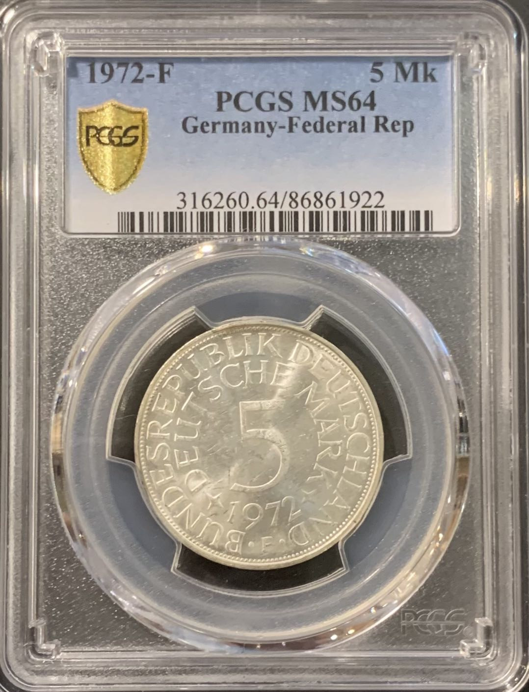 紫瑗钱币——微拍第115期 德国 1972年 F厂 5马克  11.2克 0.625银 PCGS MS64