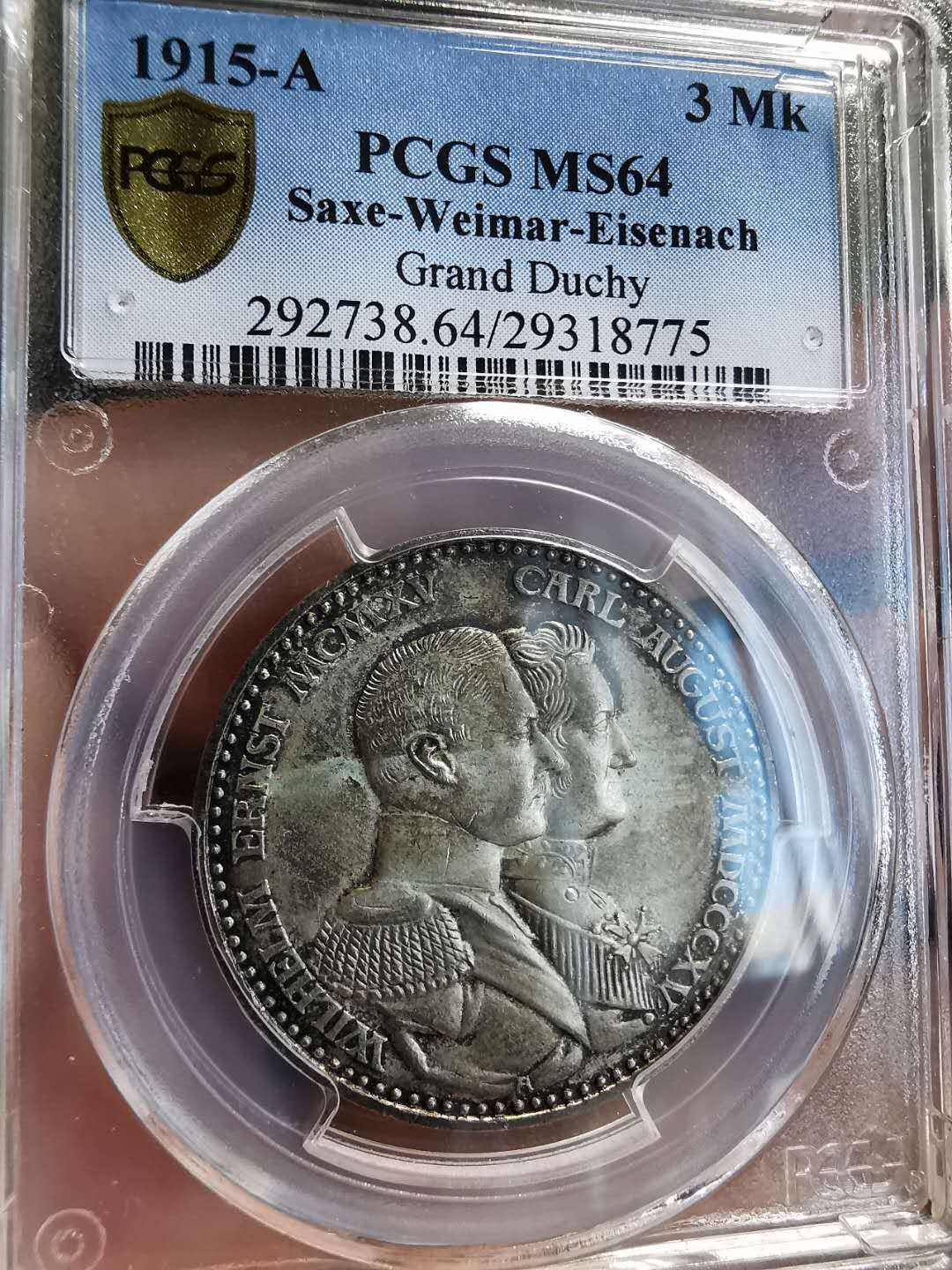 凡希社世界钱币微拍第一百三十六期 1915德国爱森纳赫双头像3马克PCGS-MS64