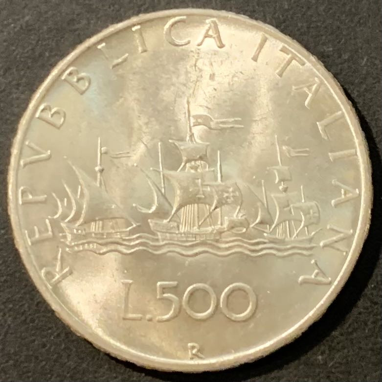 紫瑗钱币—微拍第119期  意大利 1966年 少女与帆船 500里拉 11克 0.835银 UNC