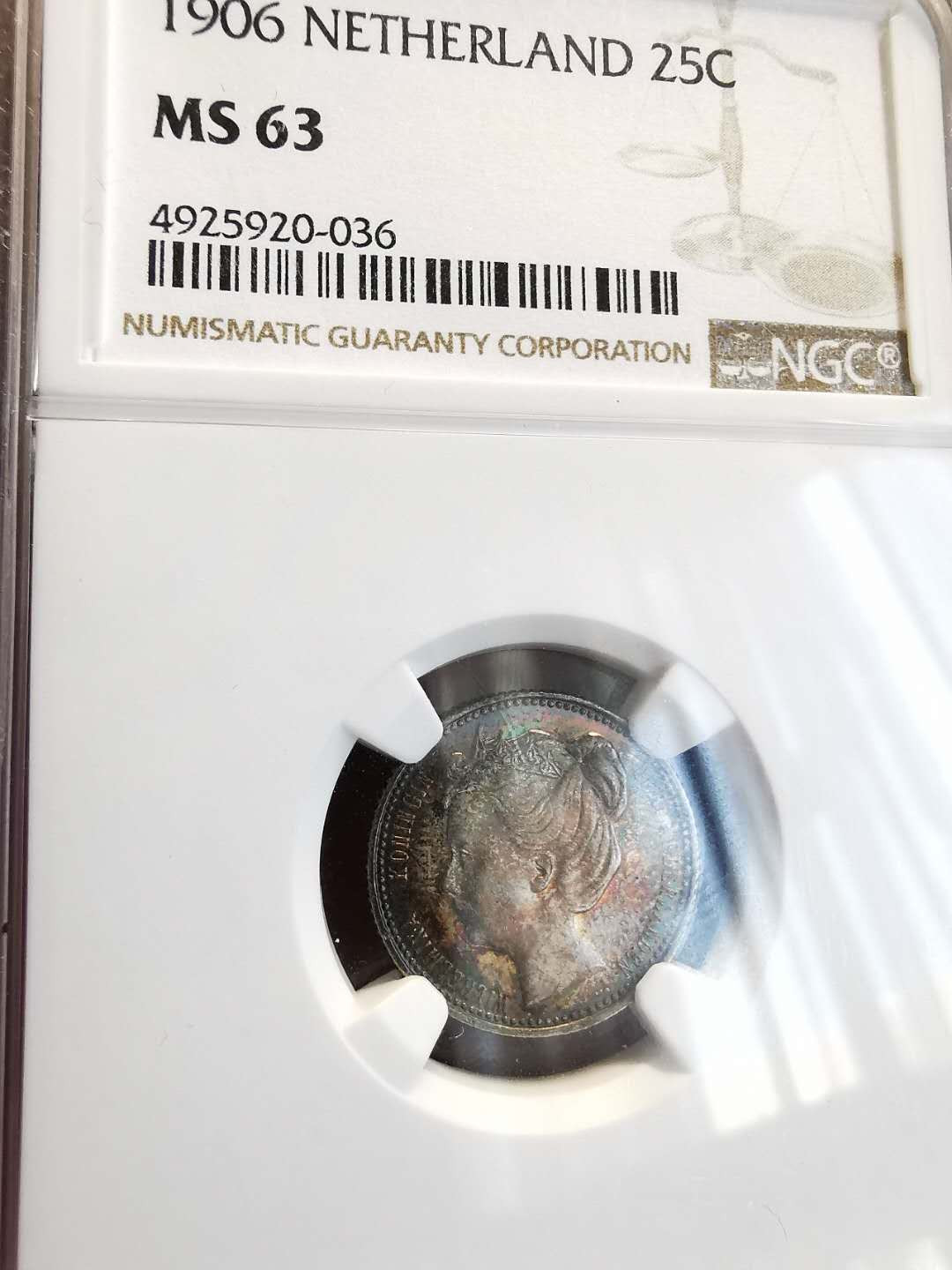 凡希社世界钱币微拍第一百三十六期 1906荷兰威廉明娜小皇冠25分NGC-MS63五彩！