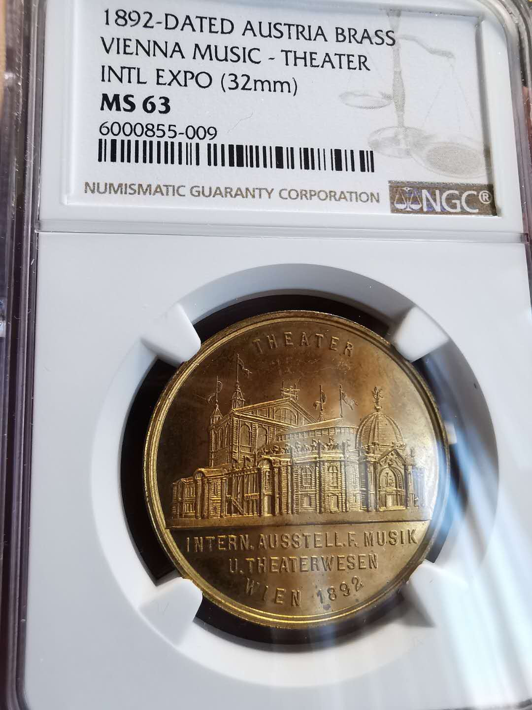 凡希社世界钱币微拍第一百三十六期 1892维也纳音乐会纪念铜章NGC-MS63后铸镀金？