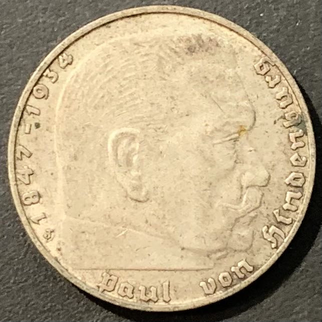 紫瑗钱币——微拍第115期 德国 1939年 J版 兴登堡 2马克 8克 0.625银 