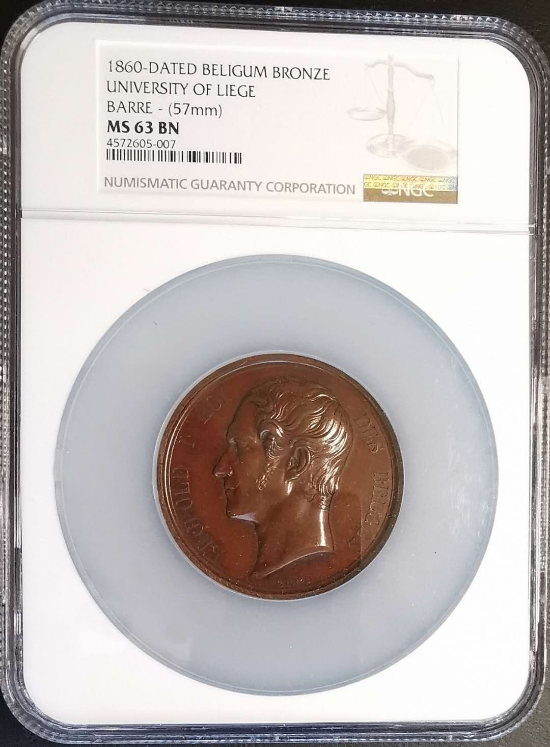 凡希社世界钱币微拍第一百三十六期 1860比利时列日大学纪念铜章NGC-MS63大型章！