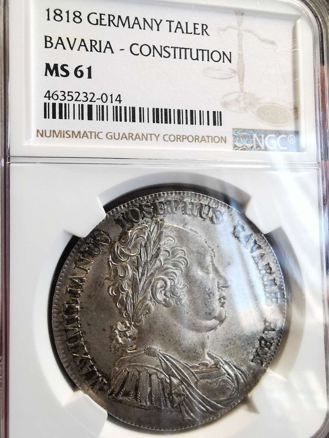 凡希社世界钱币微拍第一百三十六期 1818巴伐利亚宪法泰勒大银NGC-MS61