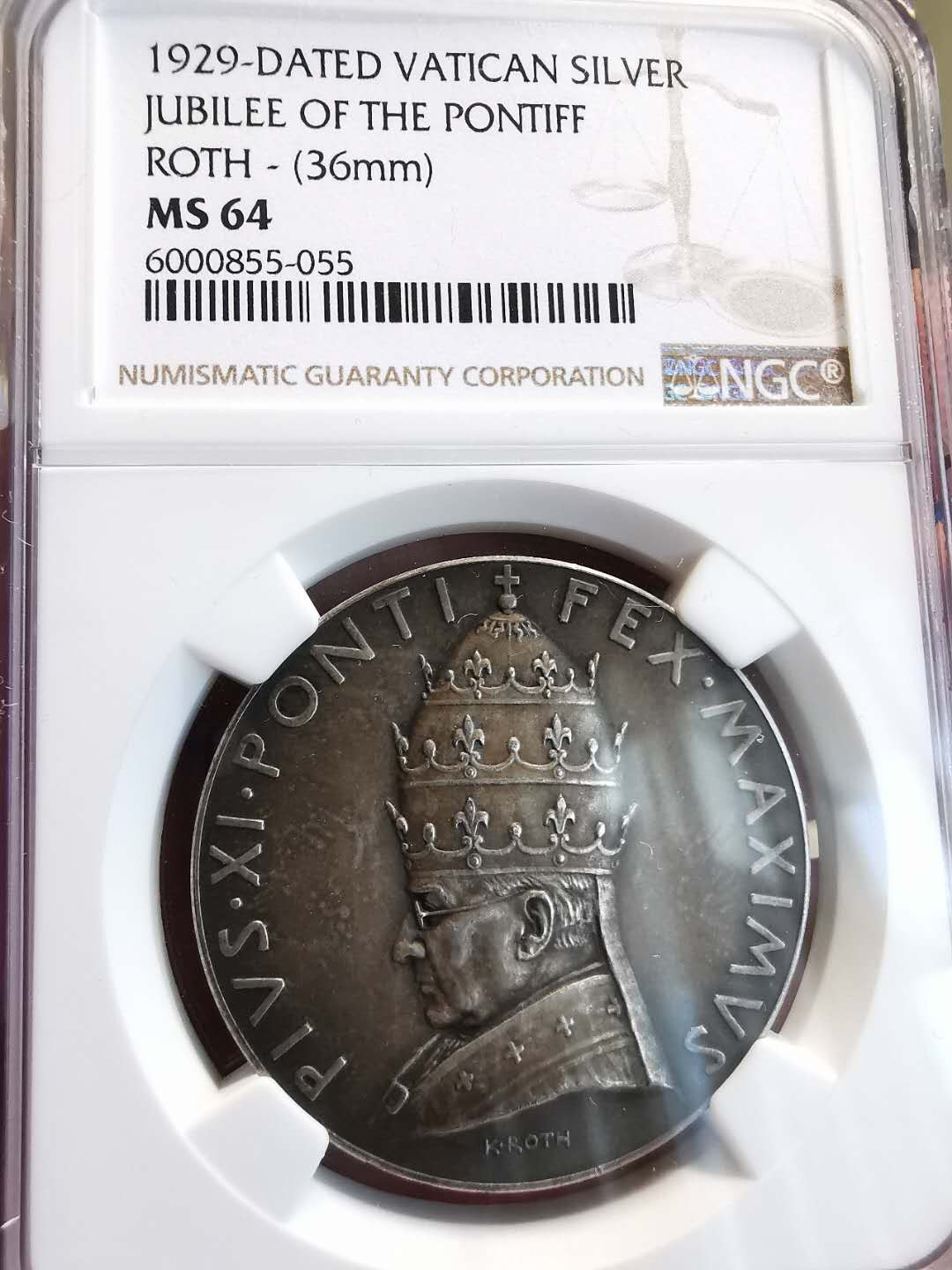 凡希社世界钱币微拍第一百三十六期 1929梵蒂冈教皇纪念银章NGC-MS64