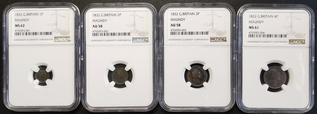 凡希社世界钱币微拍第一百三十六期 荐！1832英国威廉四世濯足币四枚套NGC少见品种！