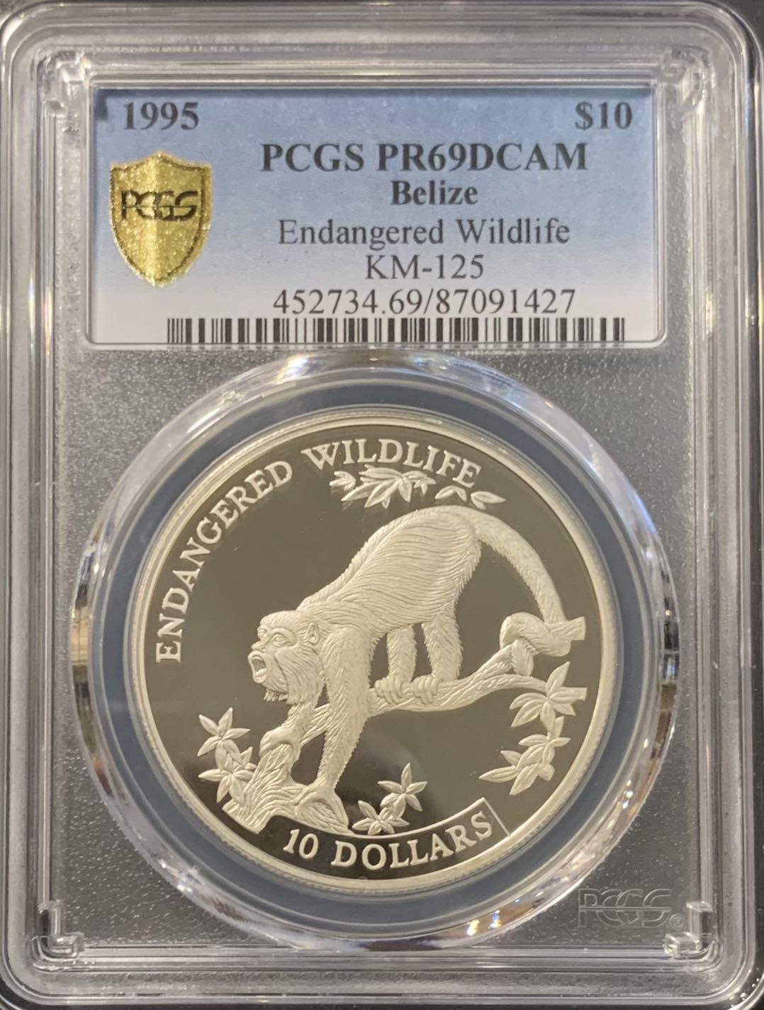 紫瑗钱币——微拍第115期 伯利兹 1995年 世界濒危野生动物 吼猴 10元 28.28克 0.925银 PCGS PR69 DCAM